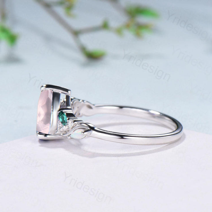1.25ct Pear Natural Rose Quartz Engagement Ring Vintage Pink Quartz Marquise Opal Emerald Wedding Ring Handmade Anniversary Promise Gifts - PENFINE
