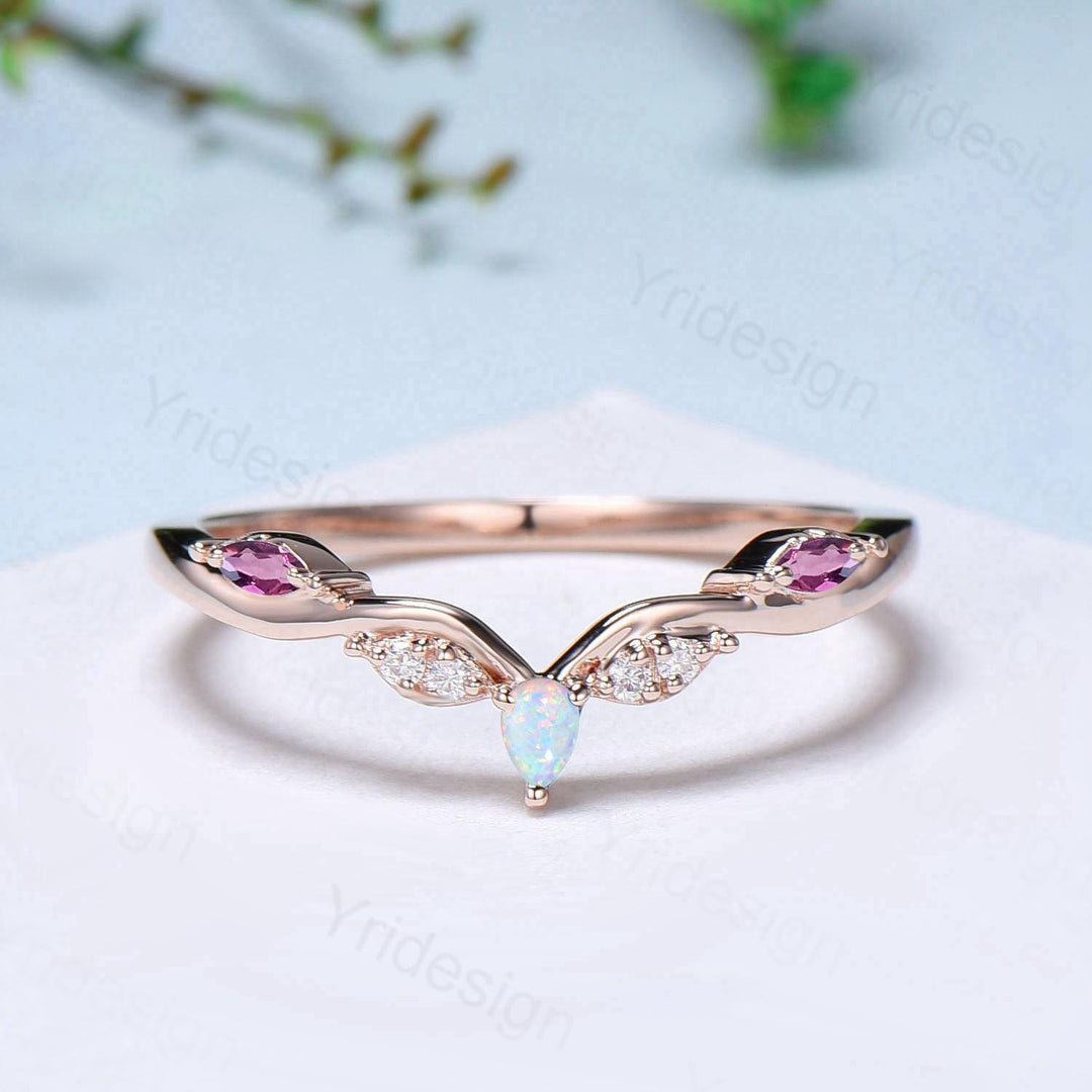 Vintage Marquise Cut Fire Opal Amethyst Wedding Band Women Unique Teardrop White Opal Stackable Ring Elegant Matching Band Anniversary Gift - PENFINE