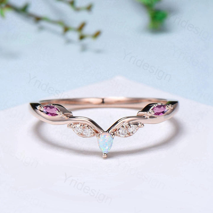 Vintage Marquise Cut Fire Opal Amethyst Wedding Band Women Unique Teardrop White Opal Stackable Ring Elegant Matching Band Anniversary Gift - PENFINE