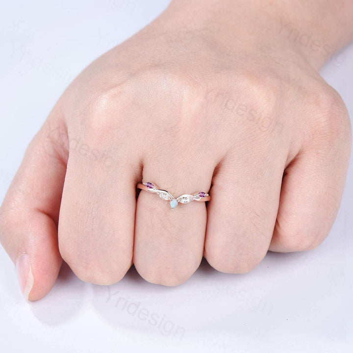 Vintage Marquise Cut Fire Opal Amethyst Wedding Band Women Unique Teardrop White Opal Stackable Ring Elegant Matching Band Anniversary Gift - PENFINE