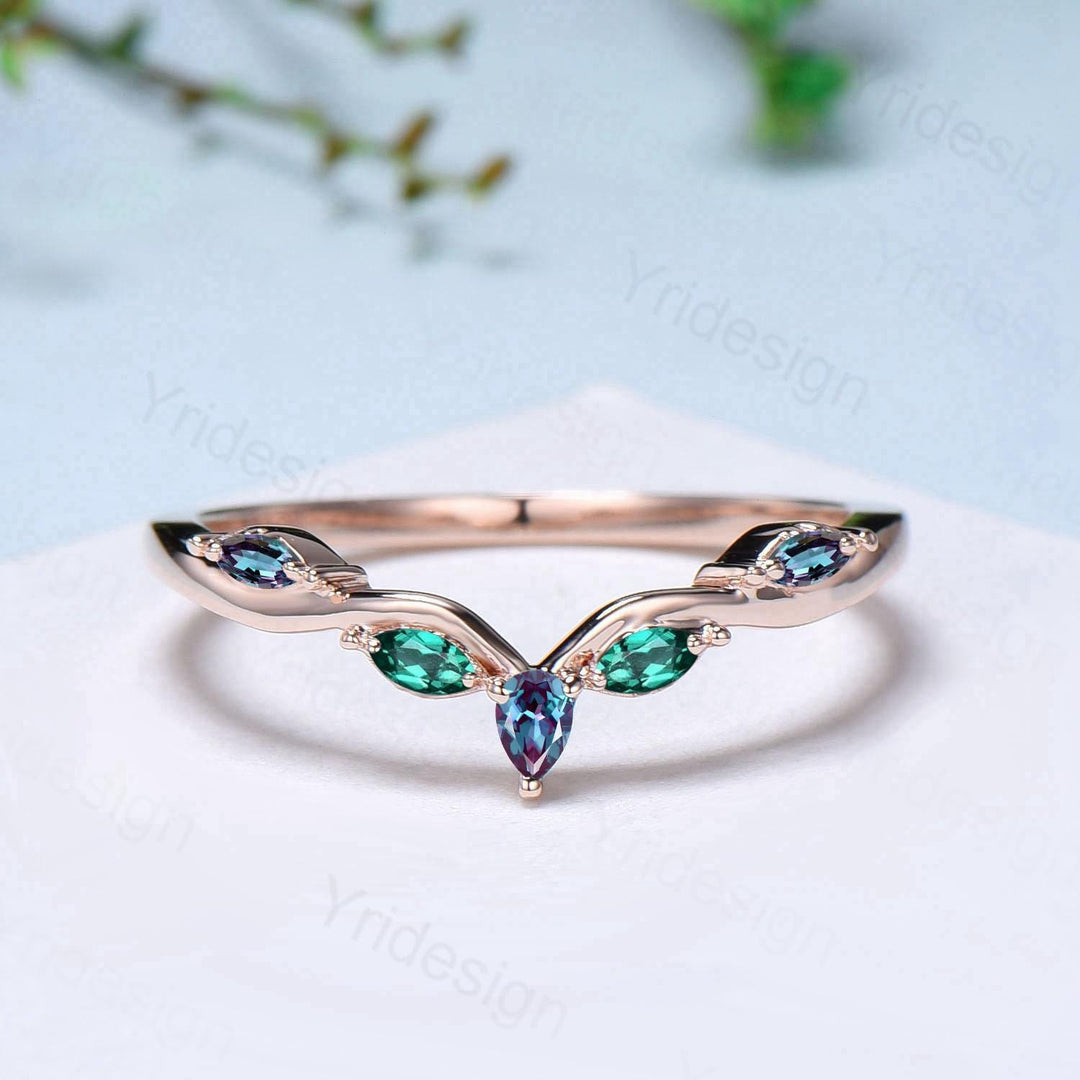 Pear Shaped And Marquise Alexandrite Wedding Band Silver Rose Gold Infinity Color Change Stacking Emerald Matching Ring Anniversary gift - PENFINE