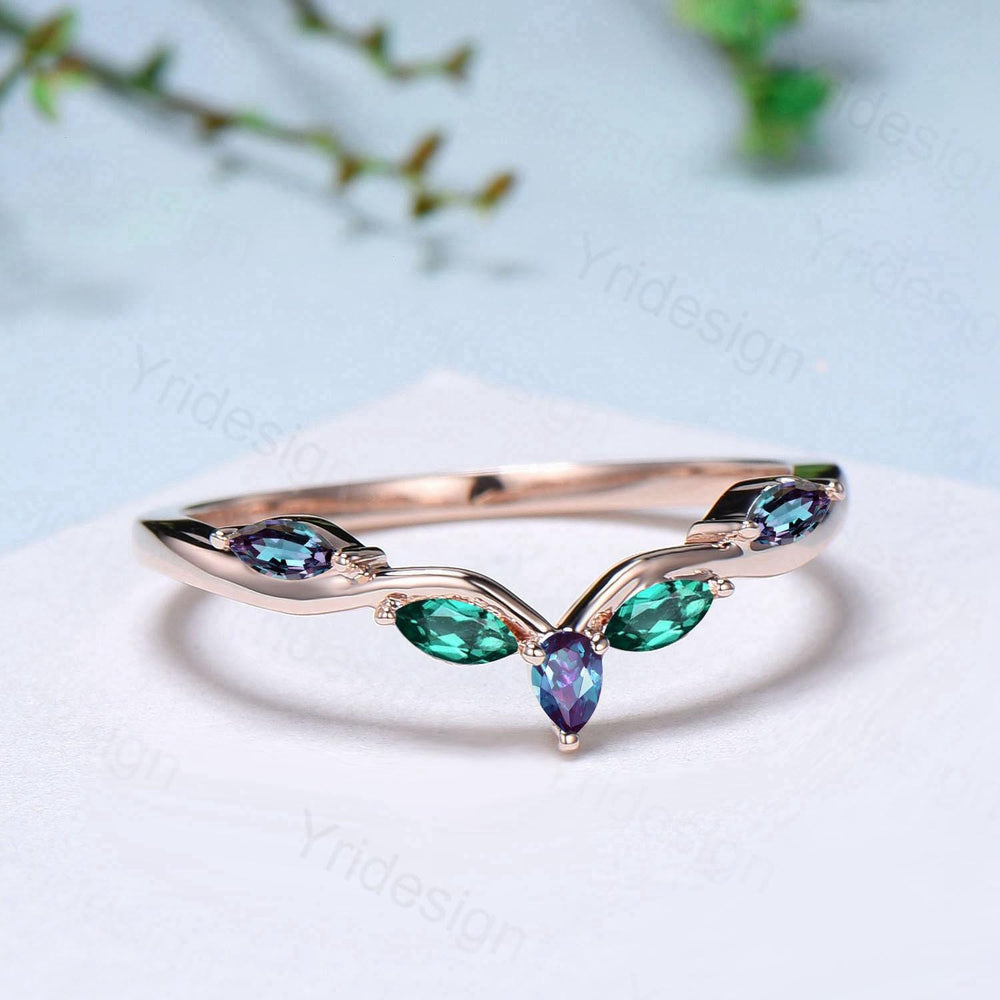 Pear Shaped And Marquise Alexandrite Wedding Band Silver Rose Gold Infinity Color Change Stacking Emerald Matching Ring Anniversary gift - PENFINE