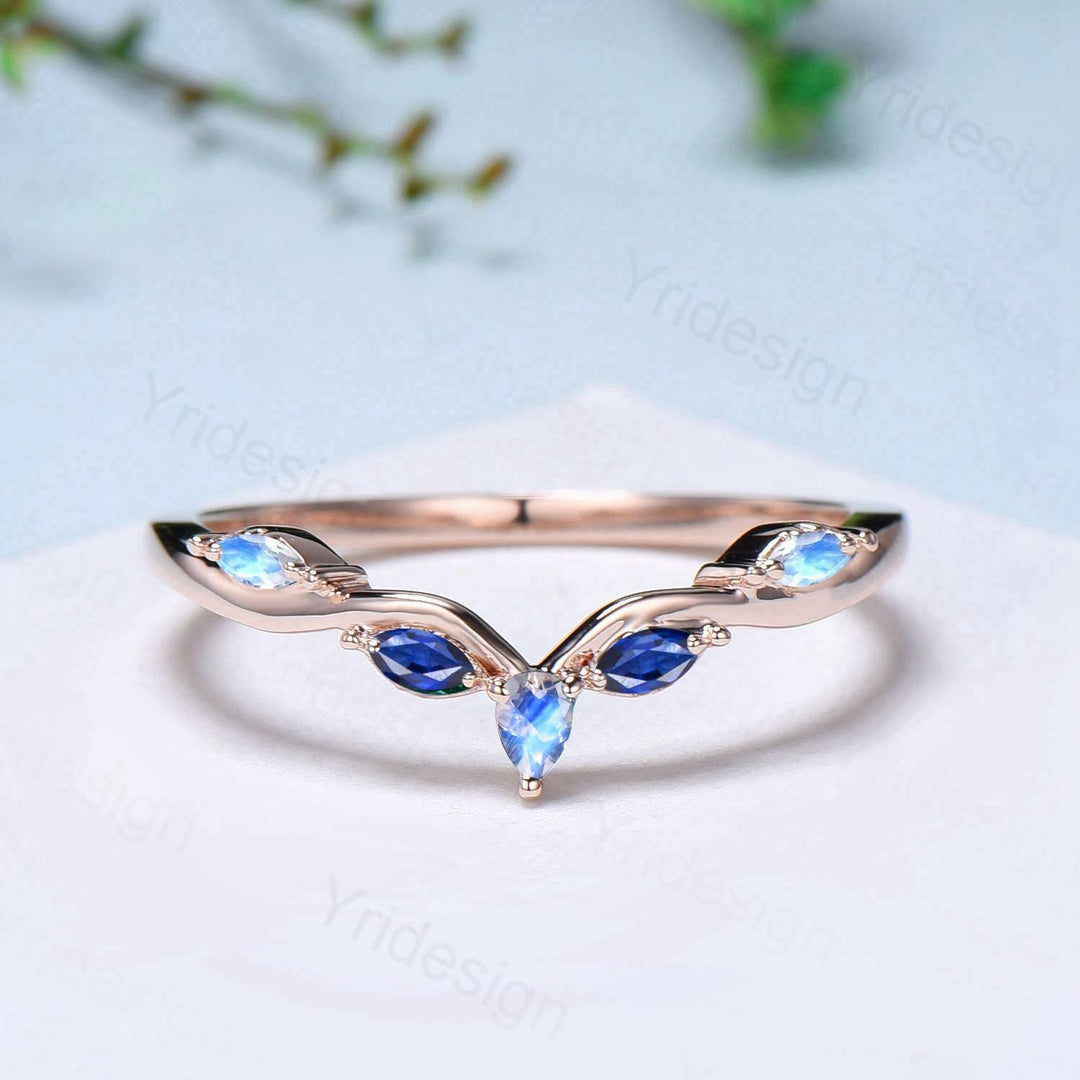 Vintage Curved Moonstone Sapphire Wedding Band Marquise Cut Blue Stone wedding Ring Unique Stacking Matching Bridal ring Anniversary band - PENFINE
