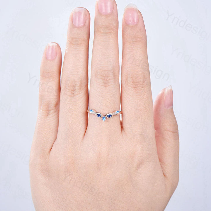 Vintage Curved Moonstone Sapphire Wedding Band Marquise Cut Blue Stone wedding Ring Unique Stacking Matching Bridal ring Anniversary band - PENFINE