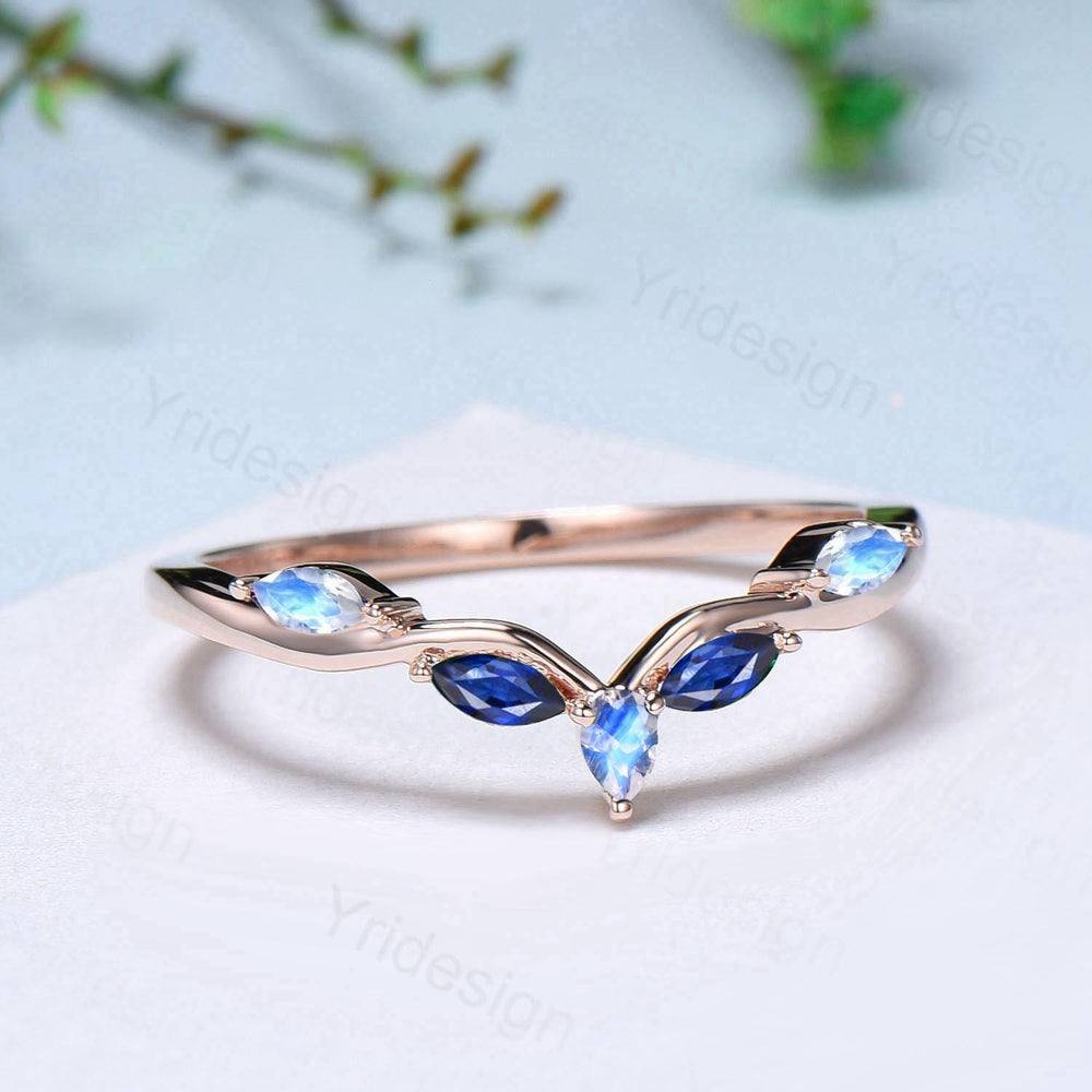 Vintage Curved Moonstone Sapphire Wedding Band Marquise Cut Blue Stone wedding Ring Unique Stacking Matching Bridal ring Anniversary band - PENFINE