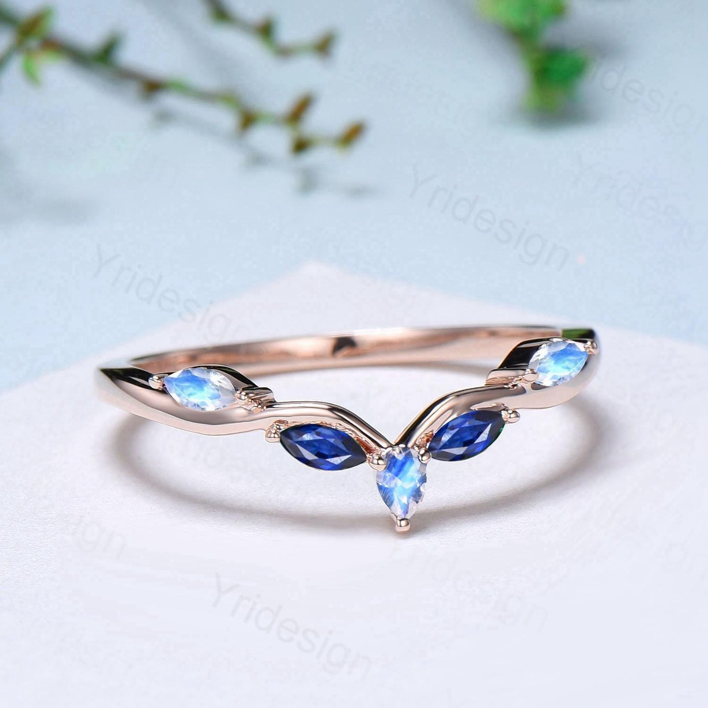 Vintage Curved Moonstone Sapphire Wedding Band Marquise Cut Blue Stone wedding Ring Unique Stacking Matching Bridal ring Anniversary band - PENFINE