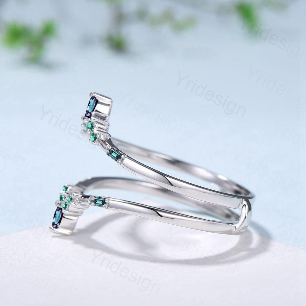 Double Curved Alexandrite Emerald Wedding Band Sterling Silver Contour Enhancer Stacking Marquise Baguette Matching Band Anniversary Gifts - PENFINE