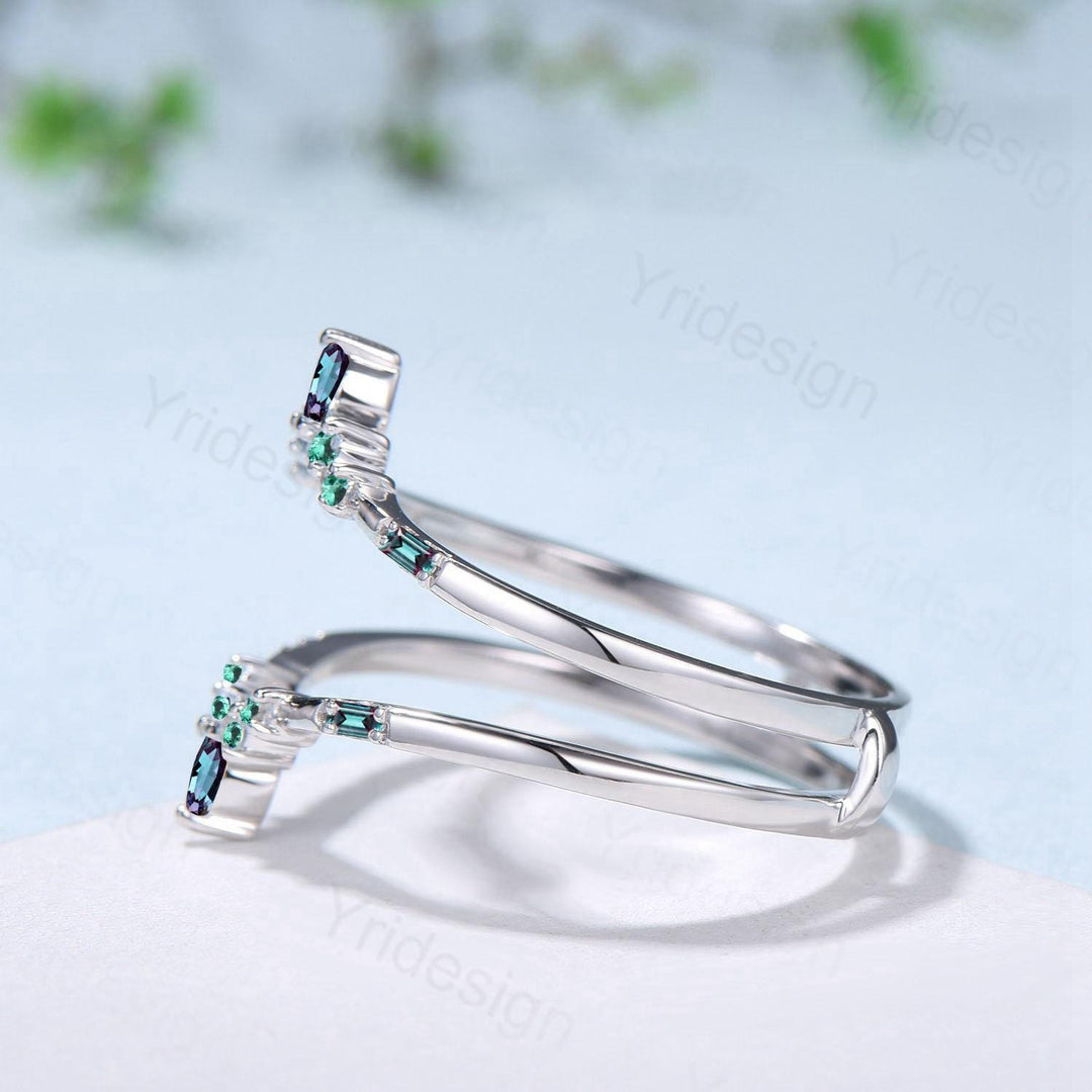 Double Curved Alexandrite Emerald Wedding Band Sterling Silver Contour Enhancer Stacking Marquise Baguette Matching Band Anniversary Gifts - PENFINE