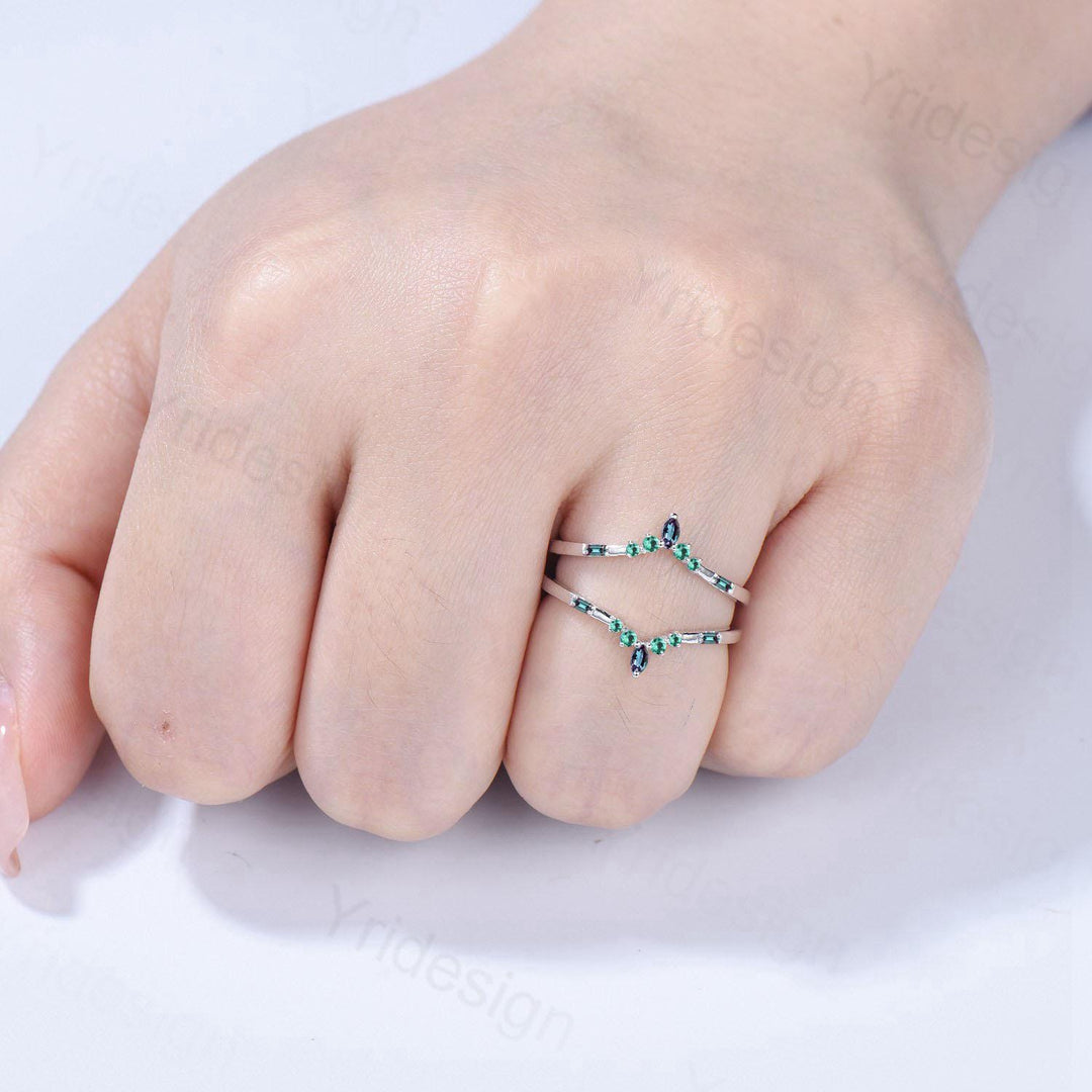 Double Curved Alexandrite Emerald Wedding Band Sterling Silver Contour Enhancer Stacking Marquise Baguette Matching Band Anniversary Gifts - PENFINE