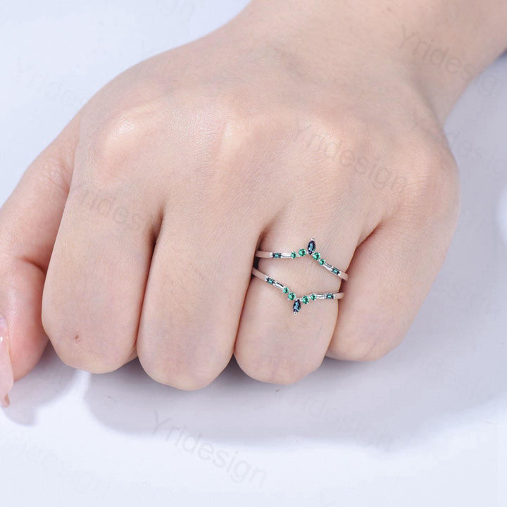 Double Curved Alexandrite Emerald Wedding Band Sterling Silver Contour Enhancer Stacking Marquise Baguette Matching Band Anniversary Gifts - PENFINE