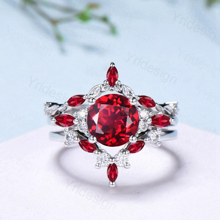 Vintage red ruby engagement ring set 3pcs white gold ruby moissanite wedding set Art deco leaf stacking band bridal promise ring set women - PENFINE