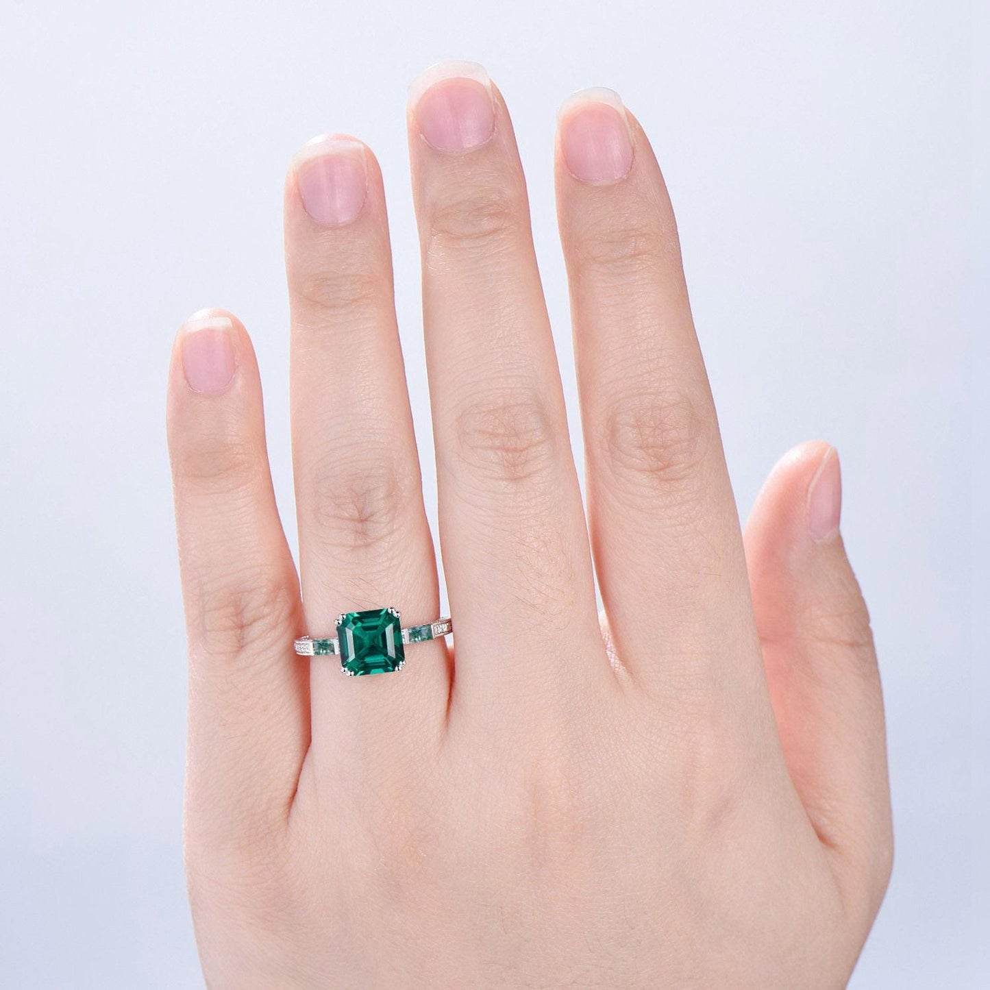 Vintage asscher cut emerald engagement ring hidden halo diamond moss agate basket setting eight prongs wedding ring anniversary promise ring - PENFINE