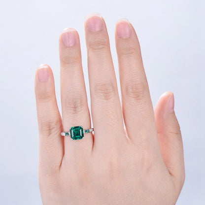 Vintage asscher cut emerald engagement ring hidden halo diamond moss agate basket setting eight prongs wedding ring anniversary promise ring - PENFINE