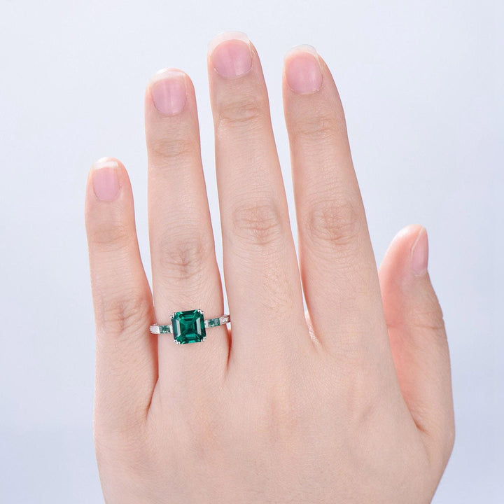 Vintage asscher cut emerald engagement ring hidden halo diamond moss agate basket setting eight prongs wedding ring anniversary promise ring - PENFINE