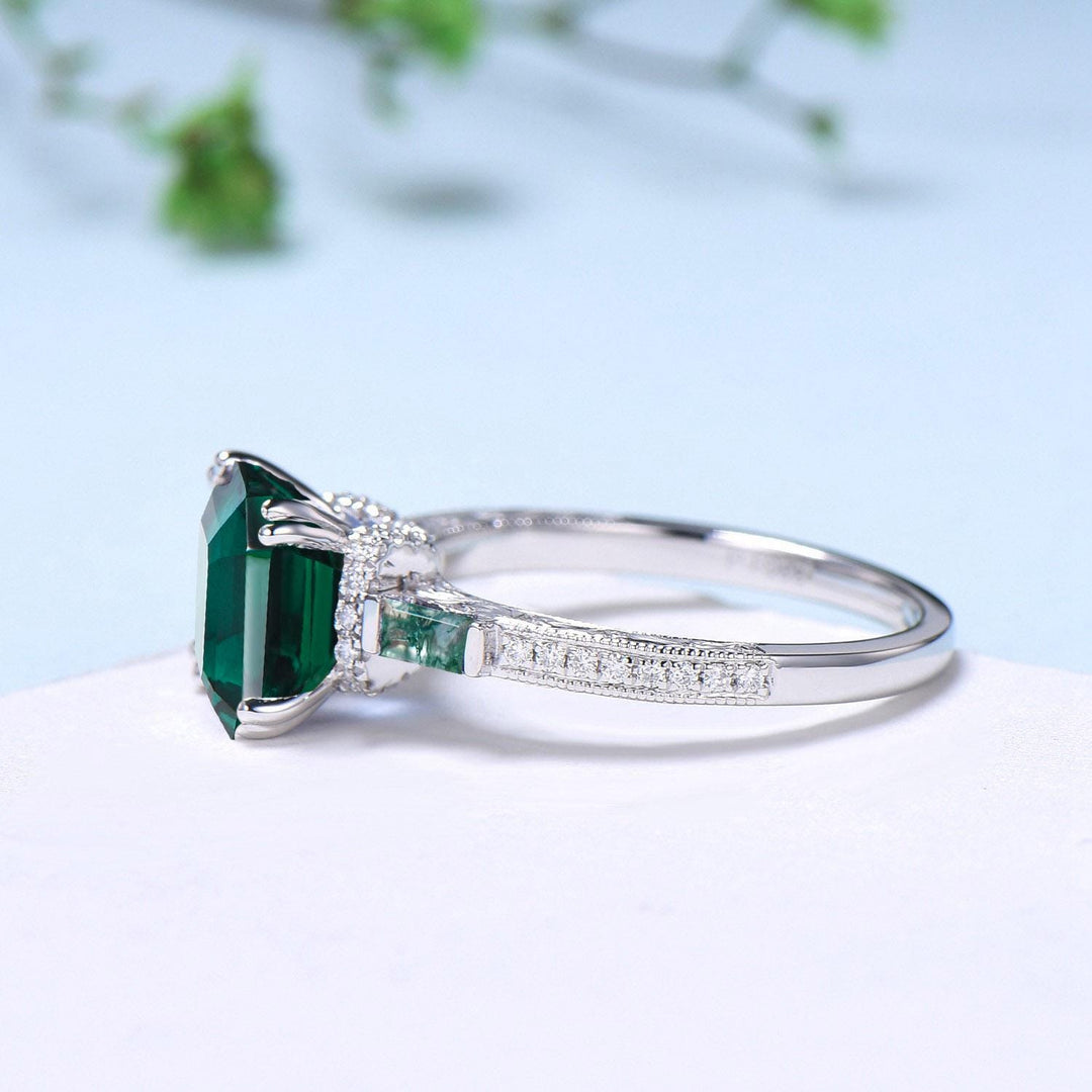 Vintage asscher cut emerald engagement ring hidden halo diamond moss agate basket setting eight prongs wedding ring anniversary promise ring - PENFINE