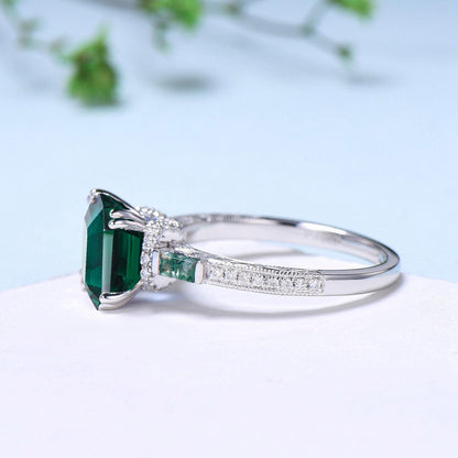 Vintage asscher cut emerald engagement ring hidden halo diamond moss agate basket setting eight prongs wedding ring anniversary promise ring - PENFINE