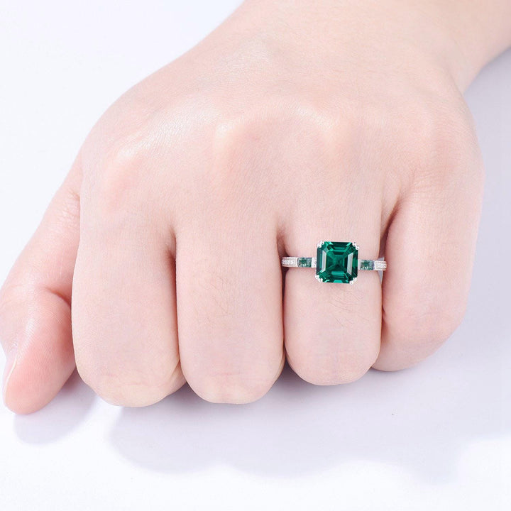 Vintage asscher cut emerald engagement ring hidden halo diamond moss agate basket setting eight prongs wedding ring anniversary promise ring - PENFINE