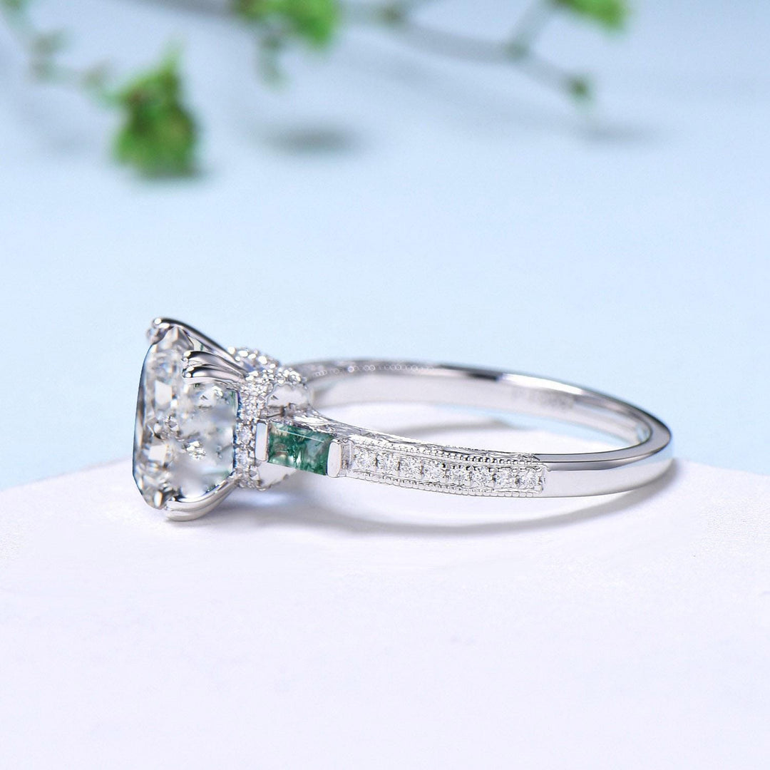 Hidden halo princess cut diamond engagement ring hidden halo moss agate diamond  basket setting wedding ring IGI certificate diamond jewelry - PENFINE