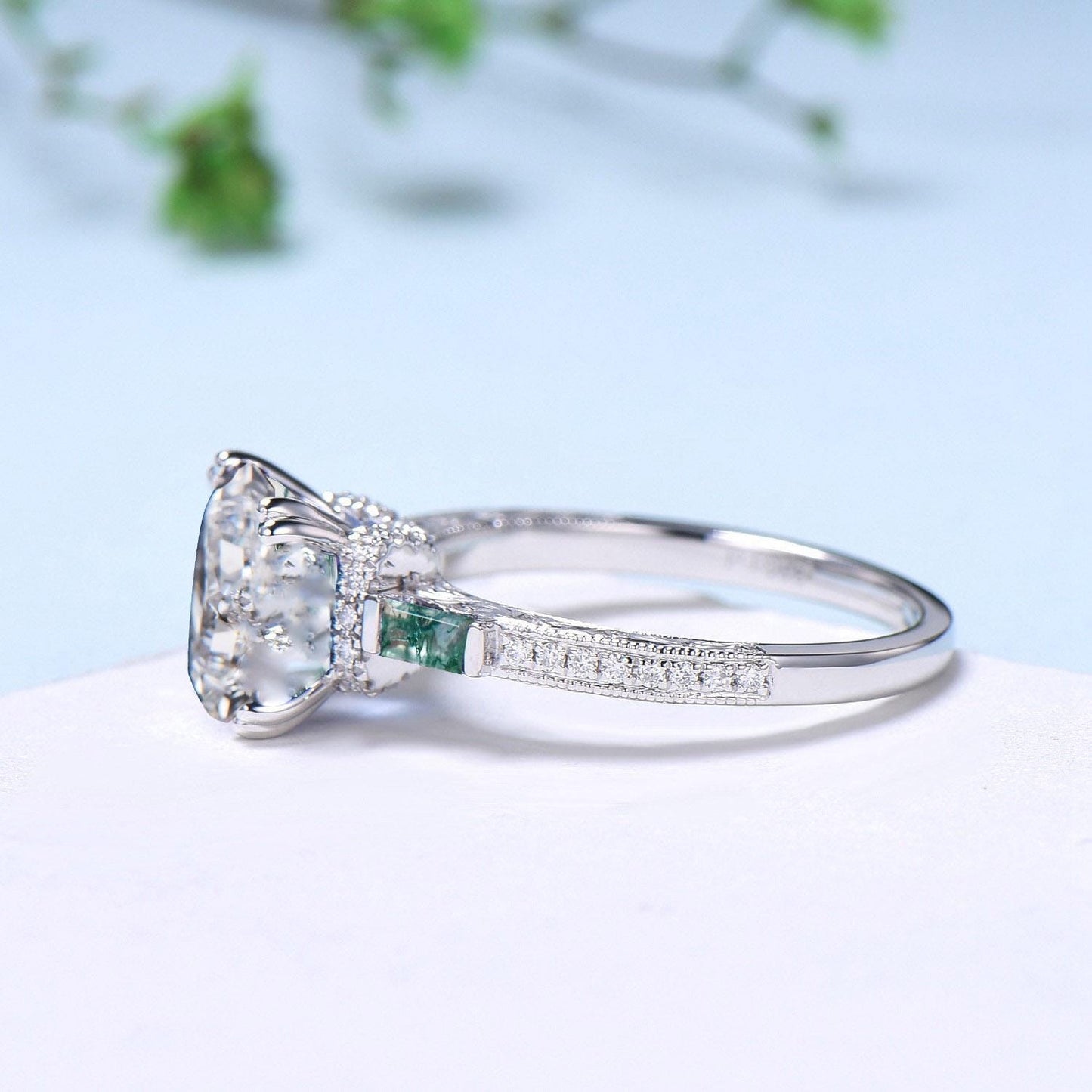 Hidden halo princess cut diamond engagement ring hidden halo moss agate diamond  basket setting wedding ring IGI certificate diamond jewelry - PENFINE