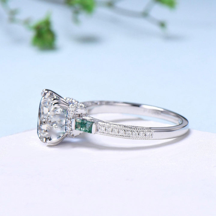 Hidden halo princess cut diamond engagement ring hidden halo moss agate diamond  basket setting wedding ring IGI certificate diamond jewelry - PENFINE