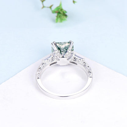 Hidden halo princess cut diamond engagement ring hidden halo moss agate diamond  basket setting wedding ring IGI certificate diamond jewelry - PENFINE
