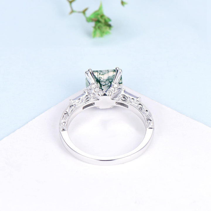 Hidden halo princess cut diamond engagement ring hidden halo moss agate diamond  basket setting wedding ring IGI certificate diamond jewelry - PENFINE