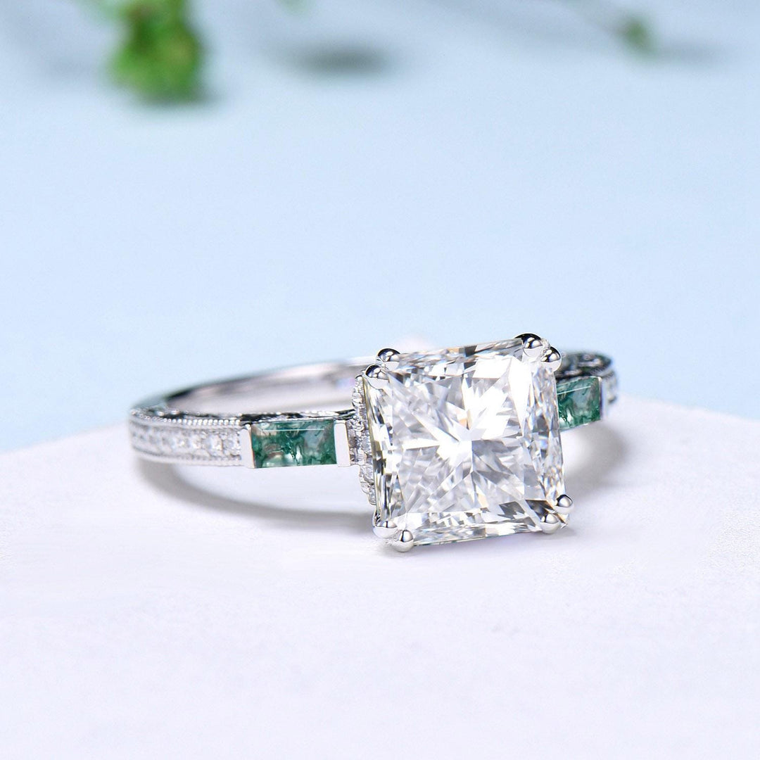 Hidden halo princess cut diamond engagement ring hidden halo moss agate diamond  basket setting wedding ring IGI certificate diamond jewelry - PENFINE