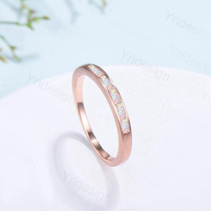 Hammered Opal Wedding Ring Unique Minimalist Brushed Five Stone Opal Wedding Band Women Tension Design Stacking Retro Vintage Stacking Ring - PENFINE