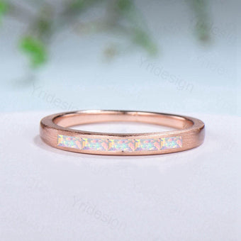 Hammered Opal Wedding Ring Unique Minimalist Brushed Five Stone Opal Wedding Band Women Tension Design Stacking Retro Vintage Stacking Ring - PENFINE