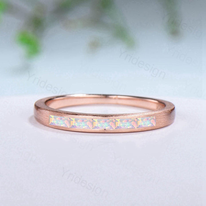 Hammered Opal Wedding Ring Unique Minimalist Brushed Five Stone Opal Wedding Band Women Tension Design Stacking Retro Vintage Stacking Ring - PENFINE