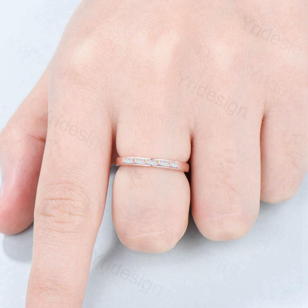 Hammered Opal Wedding Ring Unique Minimalist Brushed Five Stone Opal Wedding Band Women Tension Design Stacking Retro Vintage Stacking Ring - PENFINE