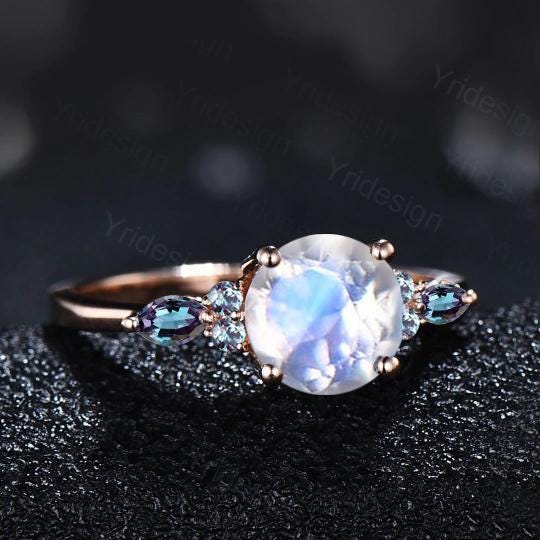1ct Round Natural Moonstone Engagement Ring Color-Change Marquise Alexandrite Wedding Ring Women June Birthstone Anniversary Promise Gift - PENFINE