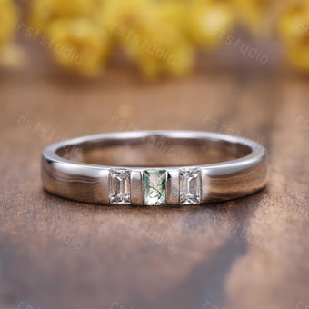 Mens Moss Agate Wedding Band: Baguette Green Agate, Moissanite, 3mm White Gold
