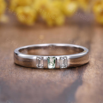 Mens Moss Agate Wedding Band: Baguette Green Agate, Moissanite, 3mm White Gold