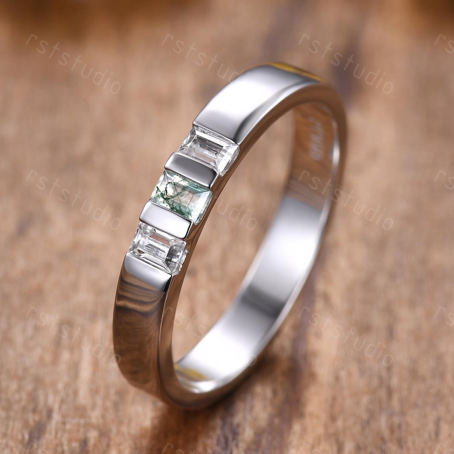 Mens Moss Agate Wedding Band: Baguette Green Agate, Moissanite, 3mm White Gold