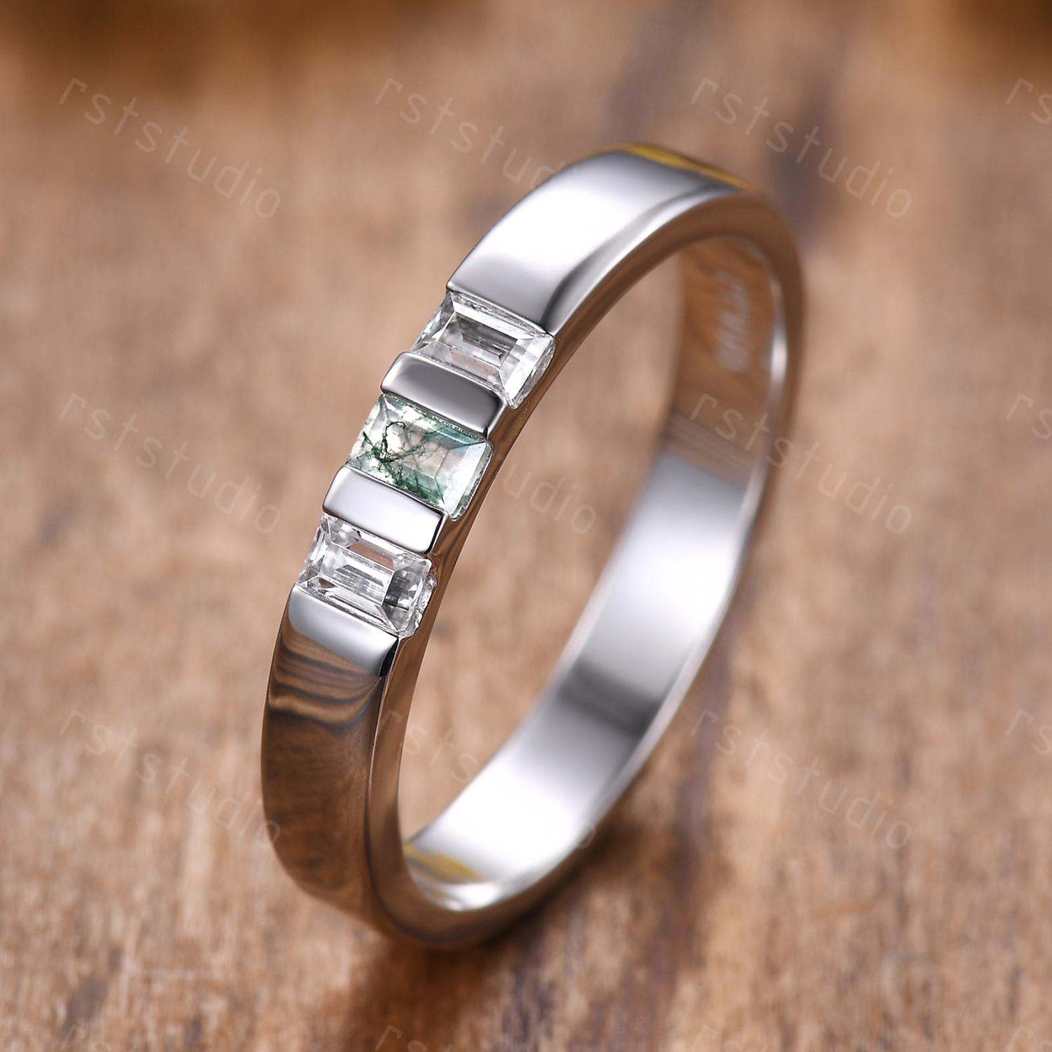 Mens Moss Agate Wedding Band: Baguette Green Agate, Moissanite, 3mm White Gold