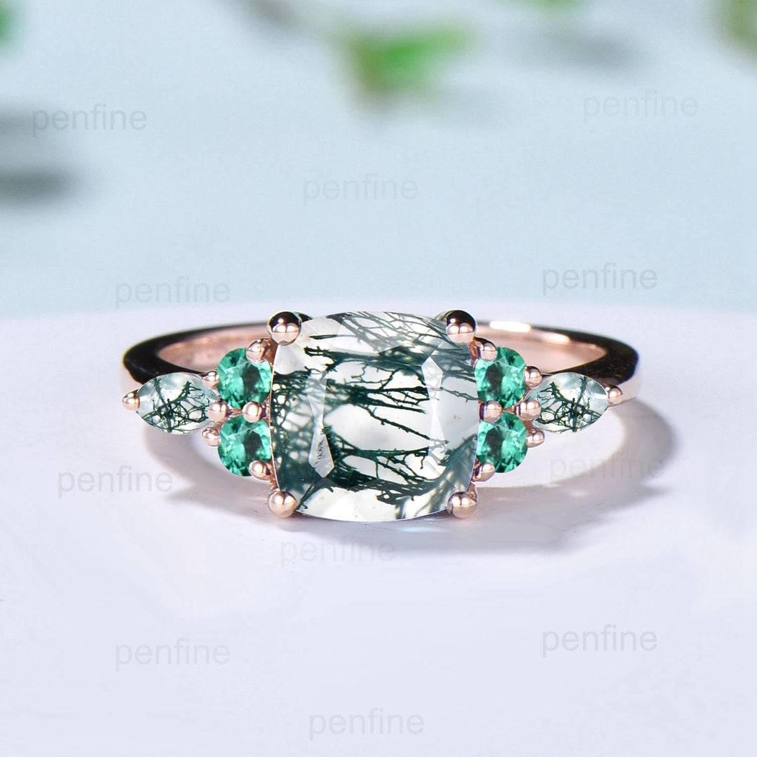 Vintage Cushion Natural Moss Agate Ring Dainty Cluster Emerald Marquise Engagement Ring Unique Art Deco Seven Stone Promise Anniversary Gift - PENFINE