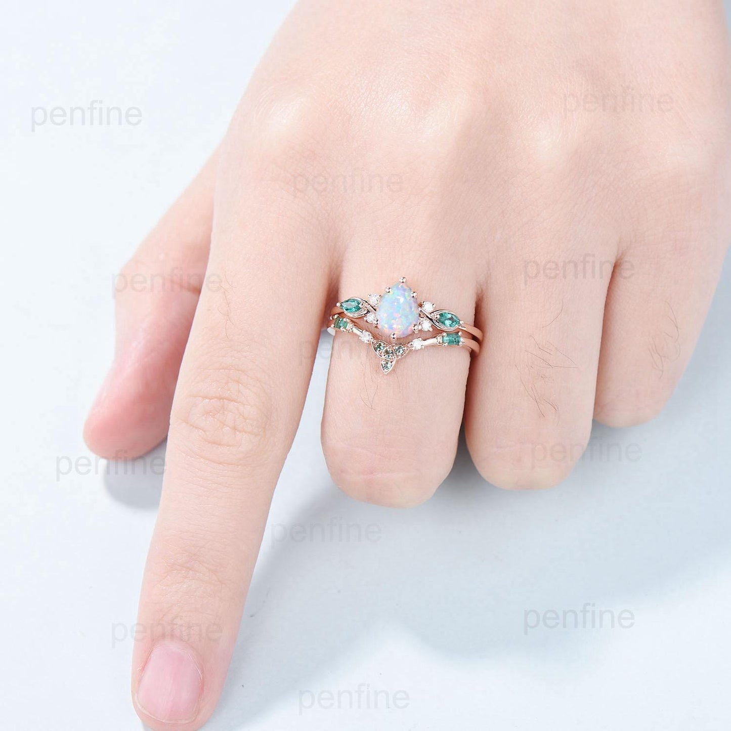 Vintage Pear Shaped Fire Opal Engagement Ring Set Rose Gold Opal Emerald Wedding Ring Set October Birthstone Six Prong Bridal Ring Set Women - PENFINE