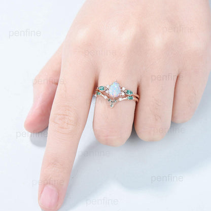 Vintage Pear Shaped Fire Opal Engagement Ring Set Rose Gold Opal Emerald Wedding Ring Set October Birthstone Six Prong Bridal Ring Set Women - PENFINE