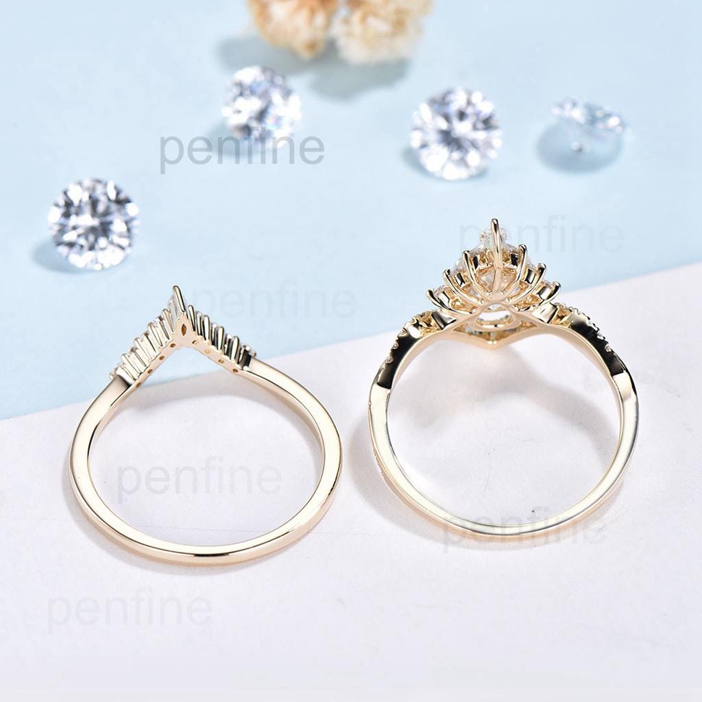 Vintage Sapphire Engagement Ring Set 14K Yellow Gold Pear Shaped Sapphire Ruby Wedding ring Set Art Deco 2pcs Twisted Bridal Ring Set Women - PENFINE
