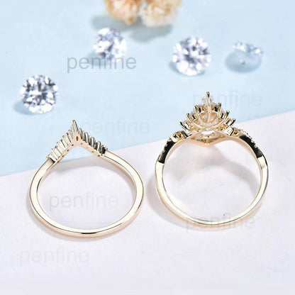 Vintage Sapphire Engagement Ring Set 14K Yellow Gold Pear Shaped Sapphire Ruby Wedding ring Set Art Deco 2pcs Twisted Bridal Ring Set Women - PENFINE