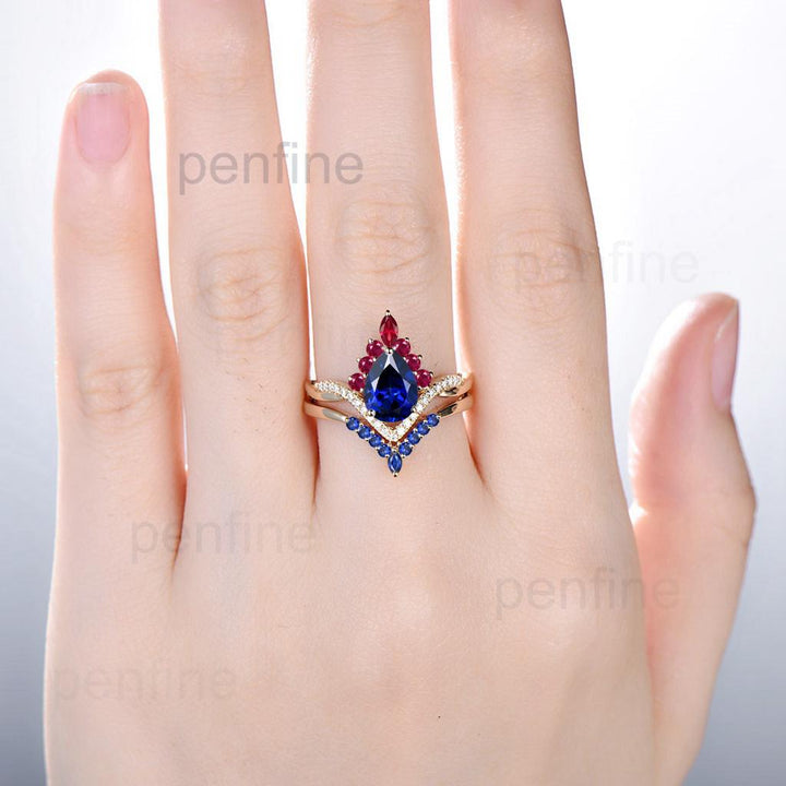 Vintage Sapphire Engagement Ring Set 14K Yellow Gold Pear Shaped Sapphire Ruby Wedding ring Set Art Deco 2pcs Twisted Bridal Ring Set Women - PENFINE
