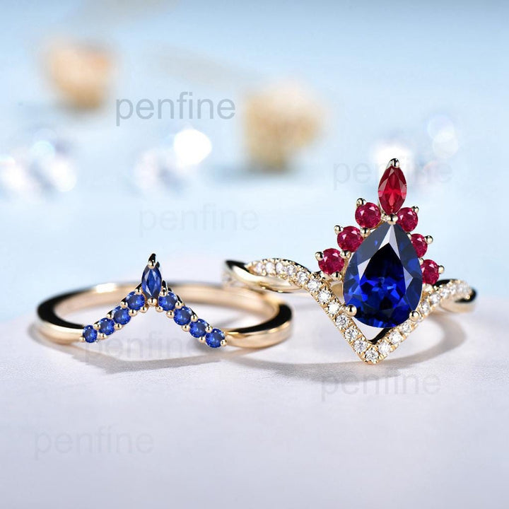 Vintage Sapphire Engagement Ring Set 14K Yellow Gold Pear Shaped Sapphire Ruby Wedding ring Set Art Deco 2pcs Twisted Bridal Ring Set Women - PENFINE