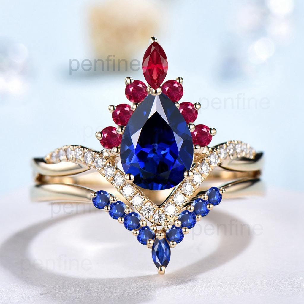 Vintage Sapphire Engagement Ring Set 14K Yellow Gold Pear Shaped Sapphire Ruby Wedding ring Set Art Deco 2pcs Twisted Bridal Ring Set Women - PENFINE