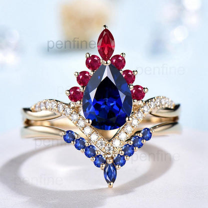 Vintage Sapphire Engagement Ring Set 14K Yellow Gold Pear Shaped Sapphire Ruby Wedding ring Set Art Deco 2pcs Twisted Bridal Ring Set Women - PENFINE