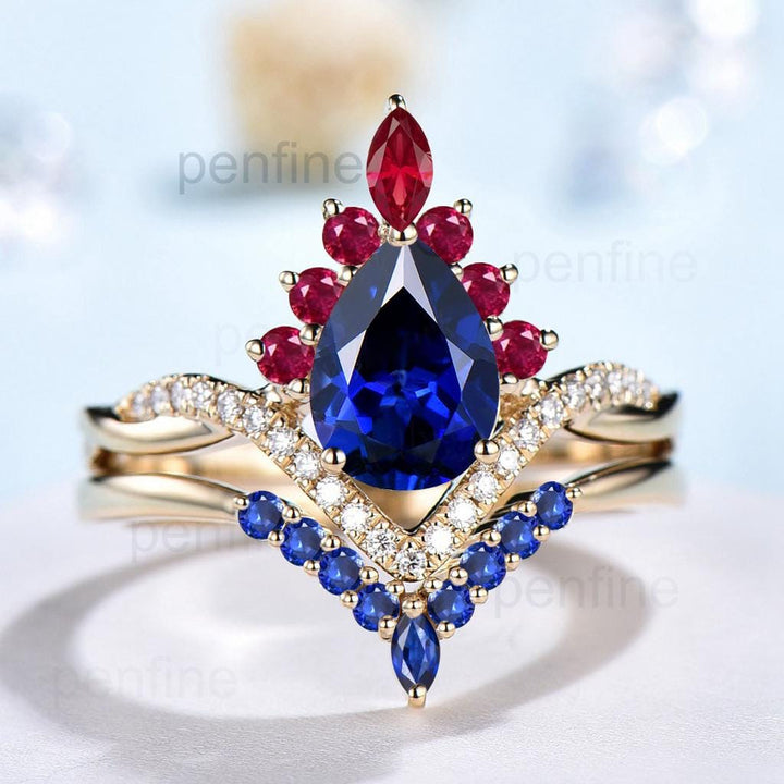 Vintage Sapphire Engagement Ring Set 14K Yellow Gold Pear Shaped Sapphire Ruby Wedding ring Set Art Deco 2pcs Twisted Bridal Ring Set Women - PENFINE