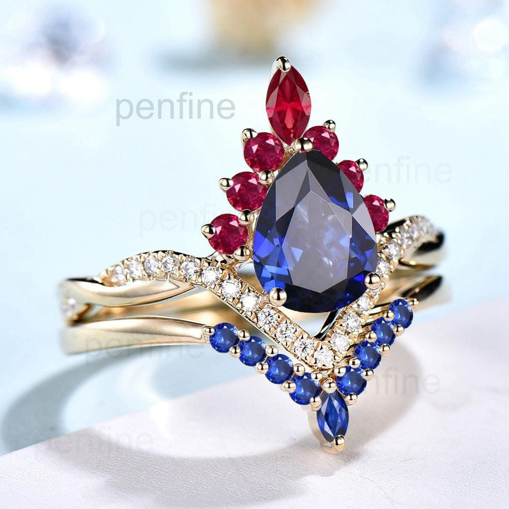 Vintage Sapphire Engagement Ring Set 14K Yellow Gold Pear Shaped Sapphire Ruby Wedding ring Set Art Deco 2pcs Twisted Bridal Ring Set Women - PENFINE