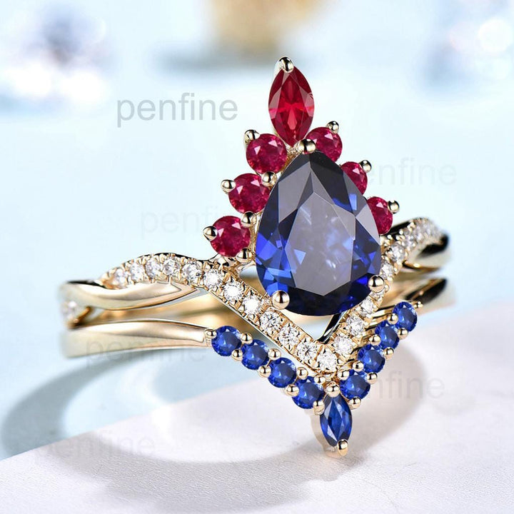 Vintage Sapphire Engagement Ring Set 14K Yellow Gold Pear Shaped Sapphire Ruby Wedding ring Set Art Deco 2pcs Twisted Bridal Ring Set Women - PENFINE