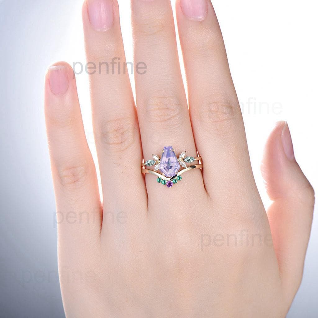 Vintage Coffin Cut Lavender Amethyst Engagement Ring Set Unique Yellow Gold Marquise Moss Agate Wedding Set Emerald Amethyst Stacking Band - PENFINE