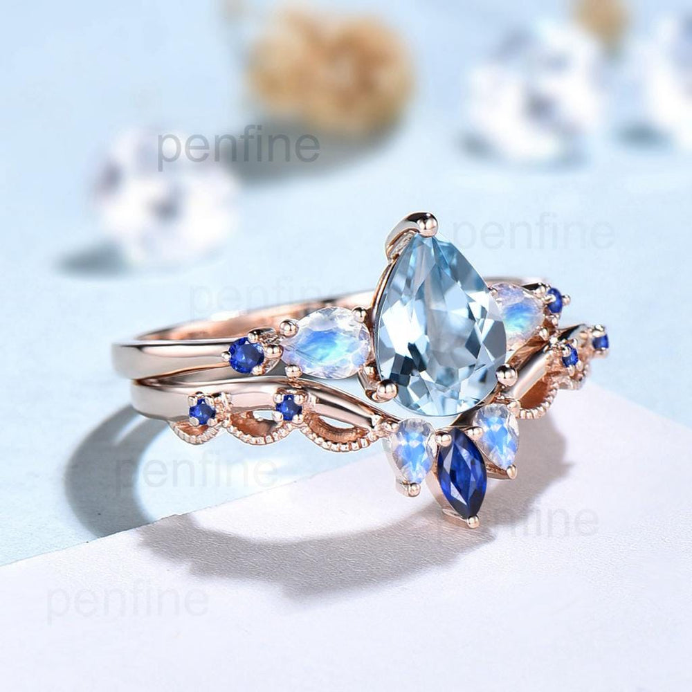 1.25CT Pear Shaped Natural Aquamarine Engagement Ring Set Five Stone Moonstone Sapphire Blue Gemstone Wedding Ring Set Rose Gold Bridal Set - PENFINE